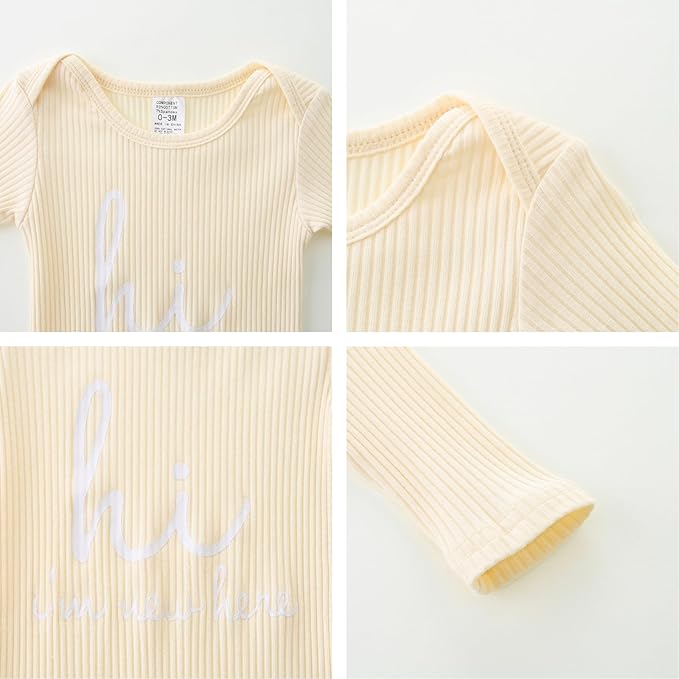 Baby Romper with Baby Mittens & Newborn Hats Footless Long Sleeve Solid Onesie Hi Im New Here