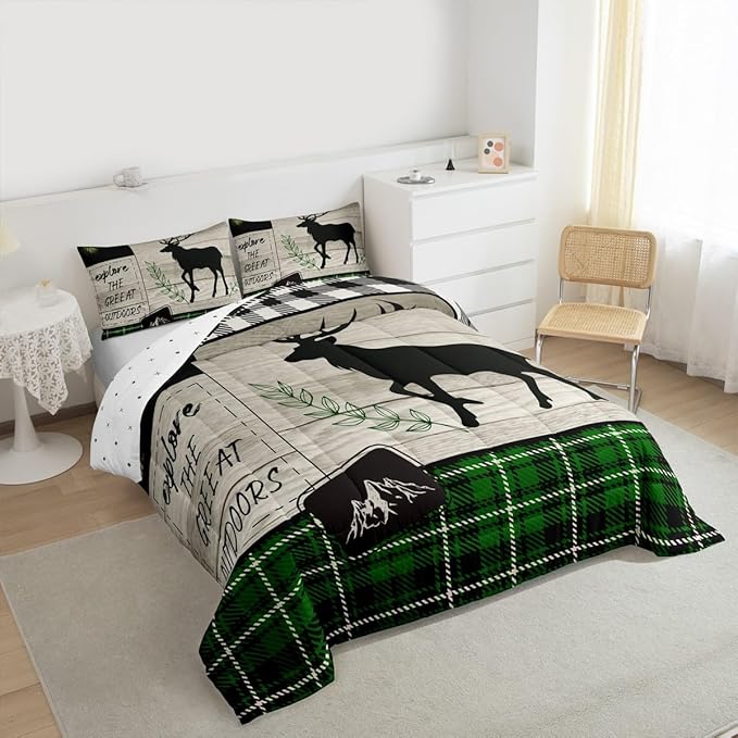 Elk Silhouette Kids Comforter Set Full Size,Palm Leaves Old Plank Bedding,Girls Boys Adults Bedroom/Xmas Cabin Decor,Camper Explore Down Comforter,Geometric Grids Plaid Duvet Insert,2 Pillowcases