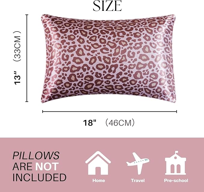 Silky Satin Toddler Pillowcases Pack of 2, 13x18 Inches Pink Leopard Travel Pillowcases with Envelope Closure, Small Kids Pillow Cases Covers