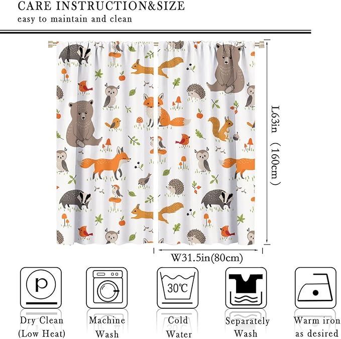 Forest Animal Curtains for Kids, Cartoon Safari Woodland Animals Window Treatments Cute Wild Jungle Bear Fox Deer Bear Window Drapes for Girls Boys Nursery Toddler Bedroom 63x63in