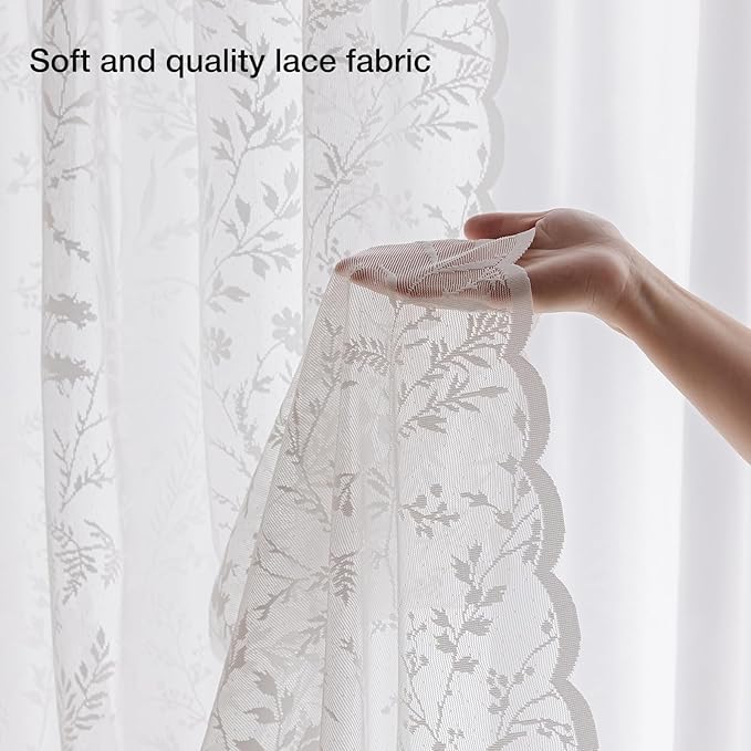 Anmao Vintage Lace Kitchen Curtains 18 Inches Long 2 Panels, Romantic Semi Sheer Floral Over Sink Lacy Cafe Curtain, Elegant Window Short Small Drapes, 55W x 18L, White Leaf
