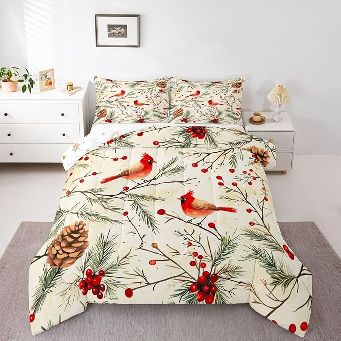 Feelyou Cardinal Bird Kids Comforter Set King Size Pine Branch Bedding Set Red Berry Duvet Quilt for Kids Boys Girls Bedroom Pine Cone Decor Winter Christmas Pattern Microfiber Ultra Soft Breathable