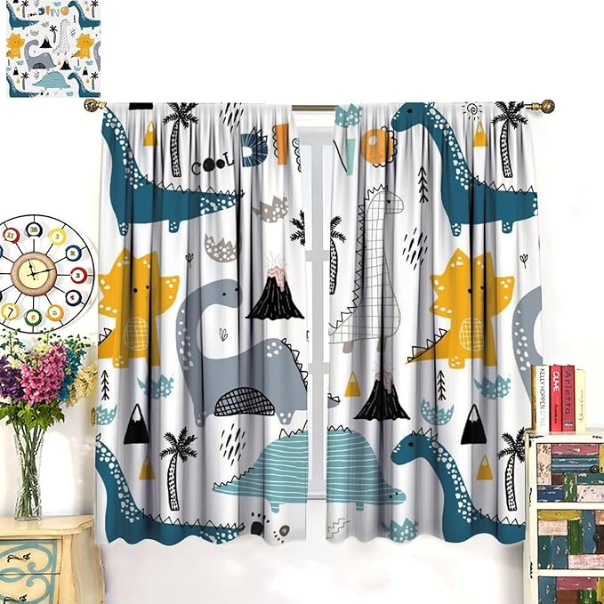 Dinosaur Curtains, Cartoon Dino Cute Safari Animal Print Pattern Blackout Window Treatments, Rod Pocket Thermal Insulated Drapes 2 Panel Sets for Kids Boys Bedroom Nursery Classroom, 63" W X 72" L