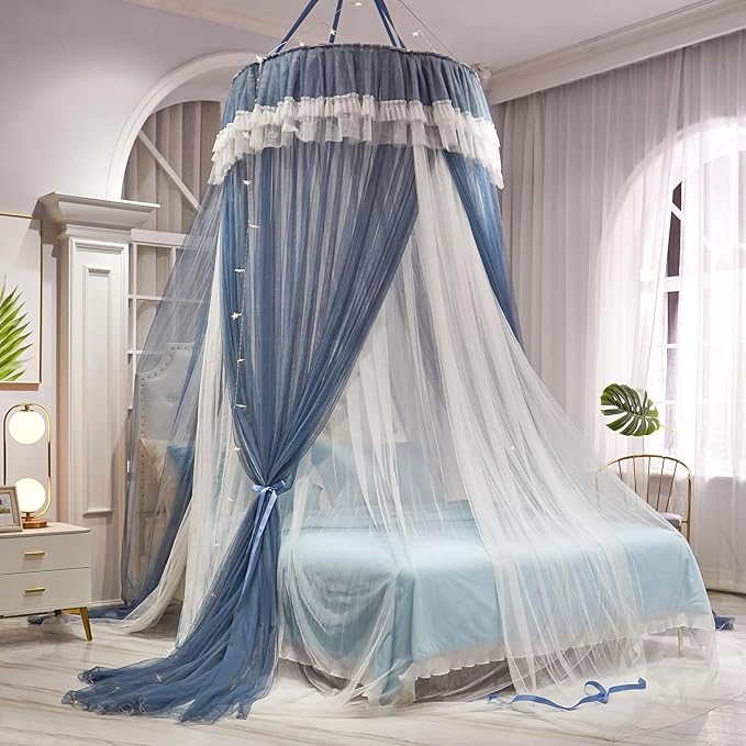 AIKASY Girls and Adults Canopy Bed, Elegant Double-Layer Bed Curtain, Children's Dream Round Lace Mosquito Net, Princess Canopy Net - Fits Twin, Full, Queen, and King Beds (White/Blue)
