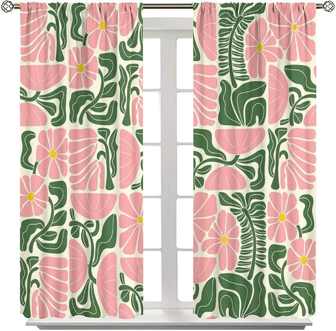 70s Flowers Curtains,Retro Geometric Boho Vintage Botanical Green Pink Flower Curtain for Bedroom Living Room Bathroom Window Curtains,70s Mid Century Flowers Window Treatments 42" W X 45" L