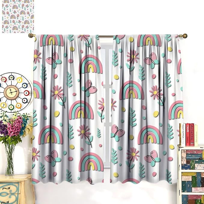 Kids Rainbow Curtains Boho Cartoon Colorful Stars Love Heart Lovely Abstract Art Pattern Print Window Drapes for Girl Bedroom Living Room Kitchen Decor,2 Panel Set,55Wx63H Inch Blackout