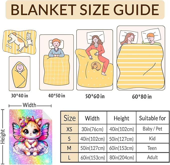 Cat Blanket for Girls, Throw for Kids Teens Adults Cat Lovers 60x80 Inches Soft Cozy Rainbow Print Throw Blankets for Sofa Couch Bed Travel Daughter Birthday Gift