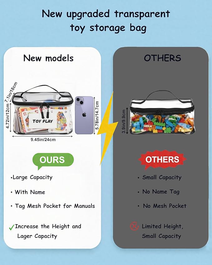 6 Pack Clear Toy Storage Bags with Tag and Manual Pocket – Versatile Waterproof Organizer Bags for Lego Bricks, Board Games, Building Blocks, Puzzles, Dolls, Books (X-Large Size, Black)