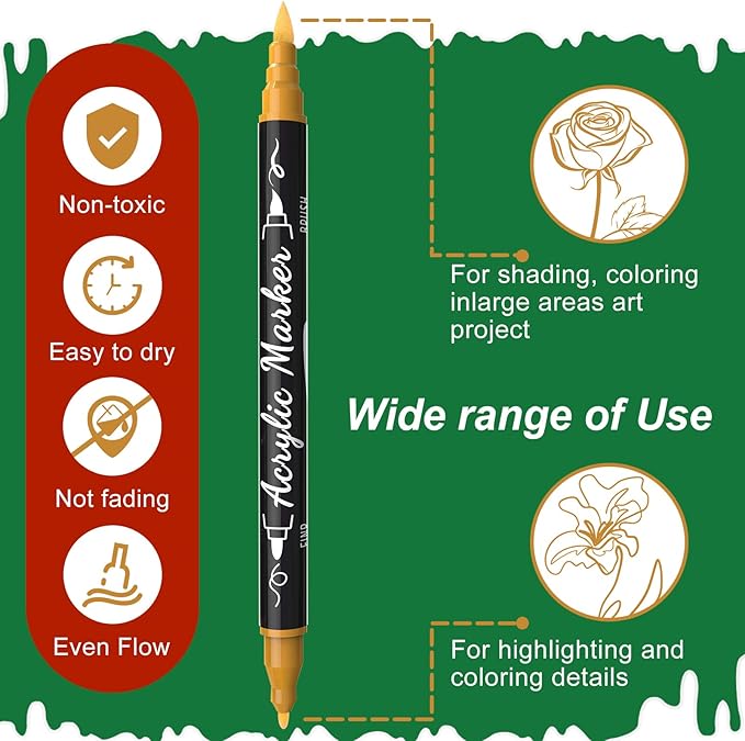 TOSAHRE Acrylic Paint Pens Markers 100 Colors Waterproof Dual Tip Acrylic Markers Set with Brush & Fine Tip Coloring Pens for Rock Painting Wood Scrapbook Fabric Glass Ceramic DIY Craft Art Supplies