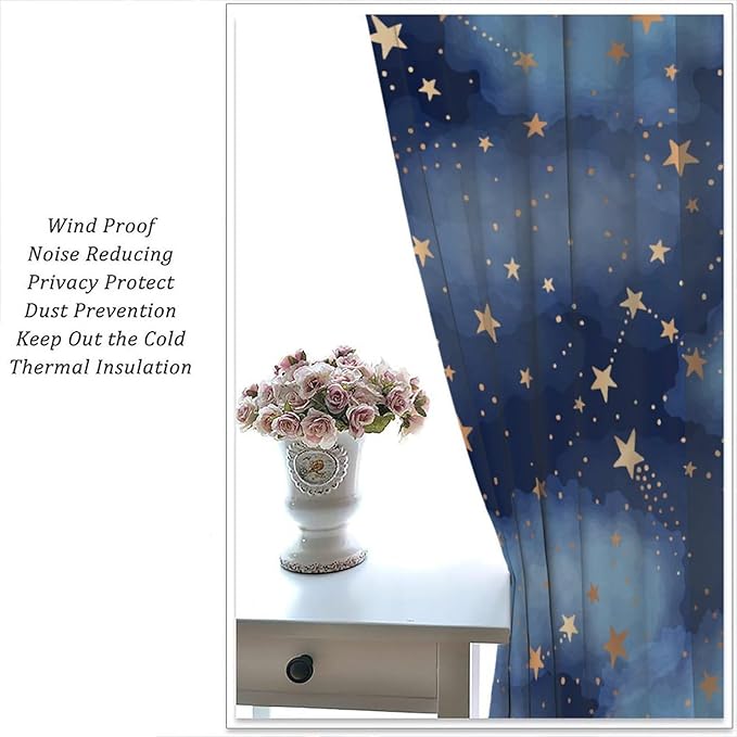 Starry Sky Blackout Curtains, Starry Scenery Blue Night Sky Stars Window Drapes for Kids Boys Girls Bedroom Living Room 84" W X 84" L
