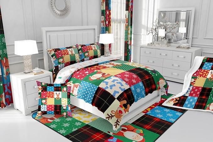 Feelyou Patchwork Christmas Bedding Set Soft for Boys Girls, Santa Claus Reindeer Comforter Set Queen Size Snowman Duvet Quilt Microfiber Snowflake Bedroom Decor 3 Pcs with 2 Pillow Cases