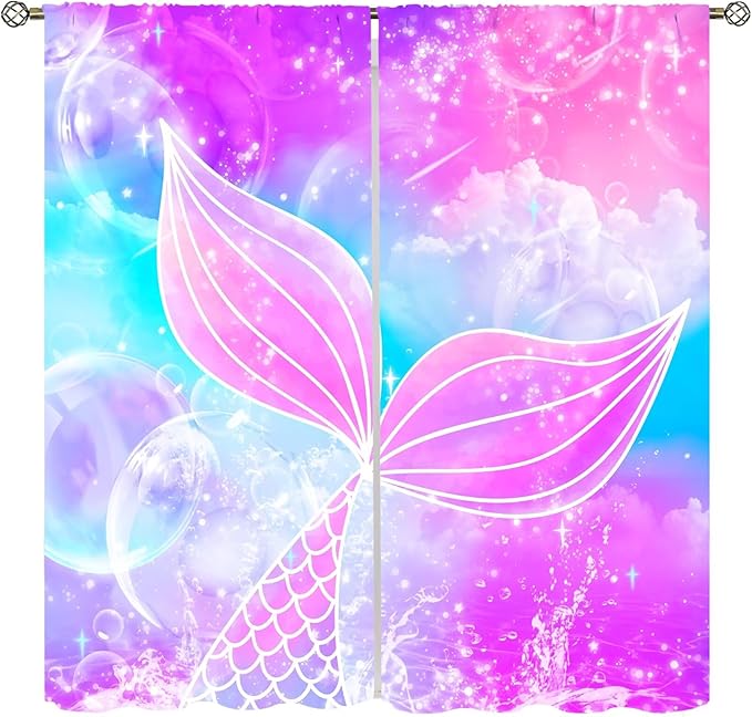 Suitable for Girls Mermaid Curtains, Rainbow Pink Purple Mermaid Tail Fish Scales Fantasy Ocean Print Curtains for Living Room Children Baby Room Nursery, 42x63 Inches