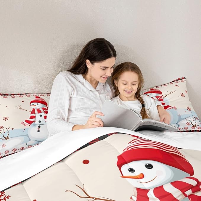 Kids Snowman Christmas Comforter Set Full Size,Snowflake Romantic Bedding,Girls Boys Adults Bedroom/Xmas Cabin Decor,Geometric Grid Lattice Down Comforter,Rustic Farmhouse Duvet Insert,2 Pillowcases