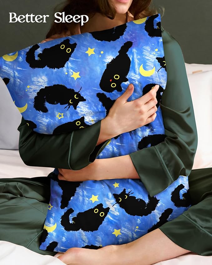 Silk Pillowcase 2 Pack - Pillow Cases 20" x 30" Queen Size Set of 2 for Hair and Skin Smooth Soft Breathable with Hidden Zipper Cooling Pillow Covers for Sleeping,Blue Moon Cat