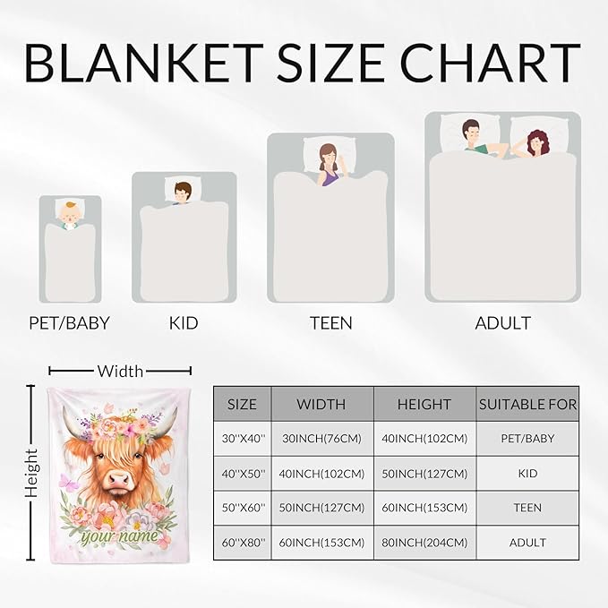 Personalized Highland Cow Gifts for Kids - 30" x 40" Inches Cute Highland Cow Throw Blanket for Girls Boys - Pink Warm Cozy Blankets for Sofa, Lap & Office