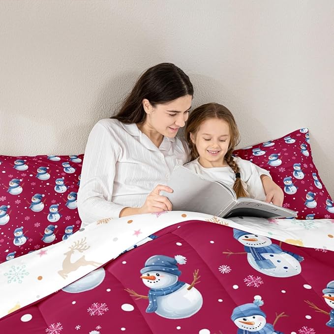 jejeloiu Kids Cute Winter Snowman Comforter Set Queen Size Red Christmas Theme Bedding Set for Boys Girls Teens Xmas Snowflake Happy New Year Duvet Quilt Room Decor