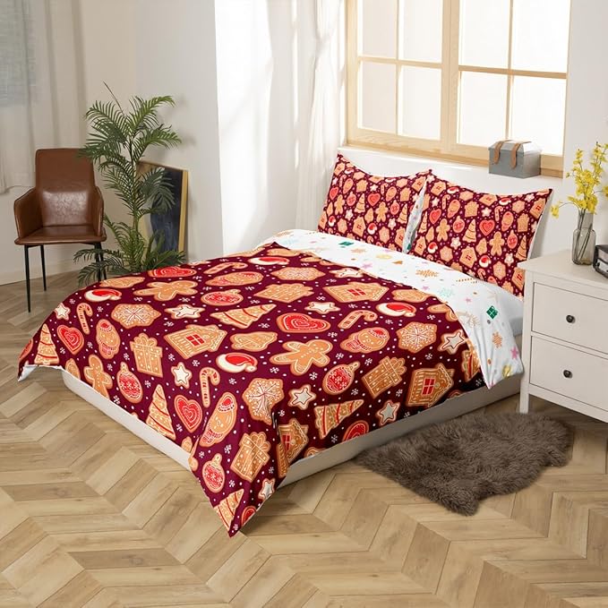 Christmas Duvet Cover Boys Christmas Gingerbread Man Bedding Set for Kids Teens Ultra Soft Snowflake New Year Comforter Cover Set Xmas Theme Bedspread Cover Room Decor King Size Bedclothes Zipper