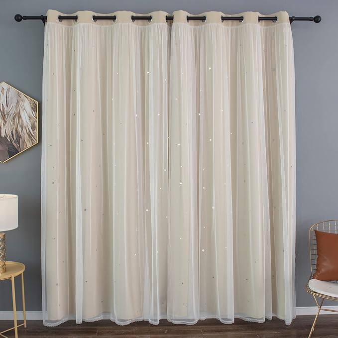 Kinryb Kids Blackout Curtains for Bedroom/Living Room/Classroom, Sheer Overlay 84 Inches 2 Panel Set, Double Layer Curtains with Star Cutout for Kids Room(W 52 x L 84 Inches,Beige 2 Pcs)