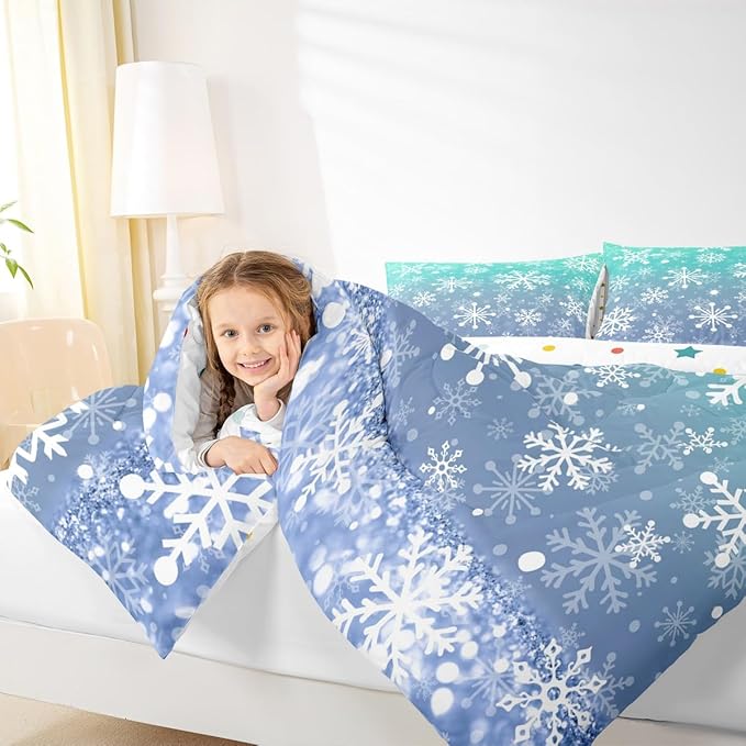 Feelyou Winter Snowflake Kids Comforter Set Twin Size Christmas Bedding Set Winter Holiday Duvet Quilt for Kids Boys Girls Bedroom New Year Decor Microfiber Ultra Soft Breathable