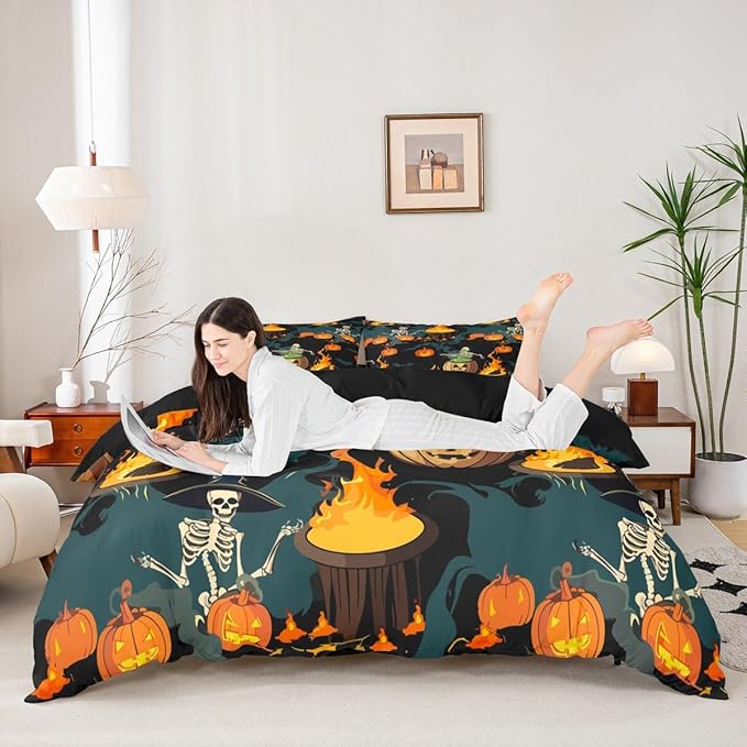 Feelyou Halloween Bedding Set for Kids Horror Skull Skeletons Comforter Cover Set Ghost Duvet Cover Pumpkin Lantern Bats Pattern Bedroom Decor Bedspread Cover Toddler Size Bedding Collection 2Pcs