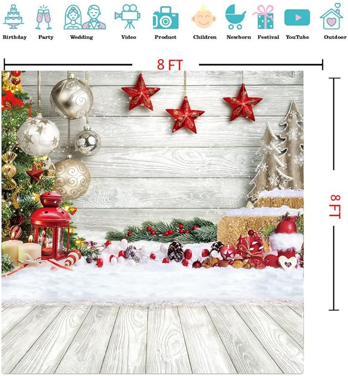 CYLYH 8x8ft Christmas Backdrop for Photography Christmas White Wood Floor Photography Backdrop Winter Snow Wooden Floor Xmas Background Newborn Christmas New Year Party Banner Decorop