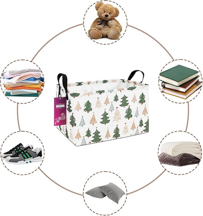 Rectangular Storage Basket Fabric Organizer Bin for Toys,Books,Clothes,Gifts,Pets-Perfect for Home,Office,Nursery,Dorm,Shelf(Rec-pine tree)