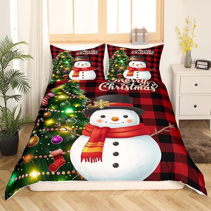 Manfei Christmas Duvet Cover Set Queen Size, Snowman Christmas Tree Comforter Cover with 2 Pillowcases, Red Plaid Grid Print Bedding Set 3pcs for Kids Boys Girls Room Decor,No Comforter