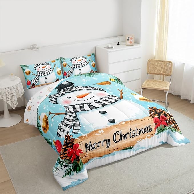Feelyou Merry Christmas Comforter Set Twin Size Cute Snowman Bedding Set for Kids Boys Girls Snowflake Duvet Quilt Winter Bedroom Decor Microfiber 2 Pcs with 1 Pillow Cases