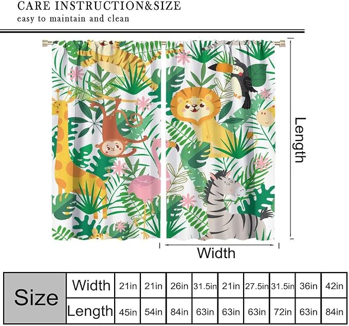 Jungle Animals Curtains Cartoon Cute Lion Giraffe Monkey Zebra Woodland Art Printed for Children Girls Boys Bedroom Nursery Rod Pocket Decoration Window Drapes 2 Panels W21xL63in