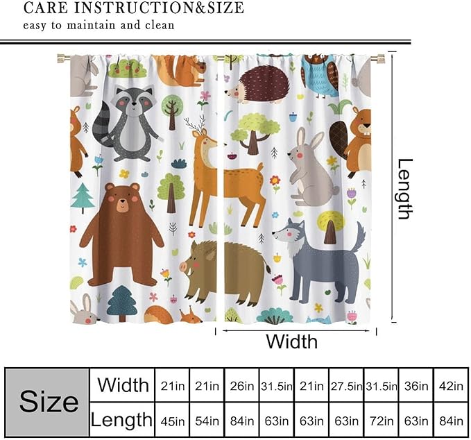 Forest Animals Kids Blackout Curtains Cartoon Cute Bear Deer Squirrel Owl Hedgehog Modern Art Print for Boys Girls Bedroom Living Room Nursery Rod Pocket Decoration Window Drapes 2 Panels W42xL84in