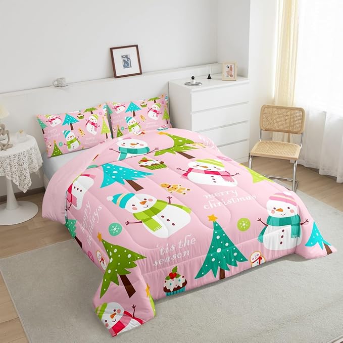 Erosebridal Merry Christmas Comforter Set for Kids,Pink Xmas Decor Bedding Set Full Size,Cartoon Snowman Quilts Christmas Tree Down Comforter for Girls Boys Teens Bedroom Decor