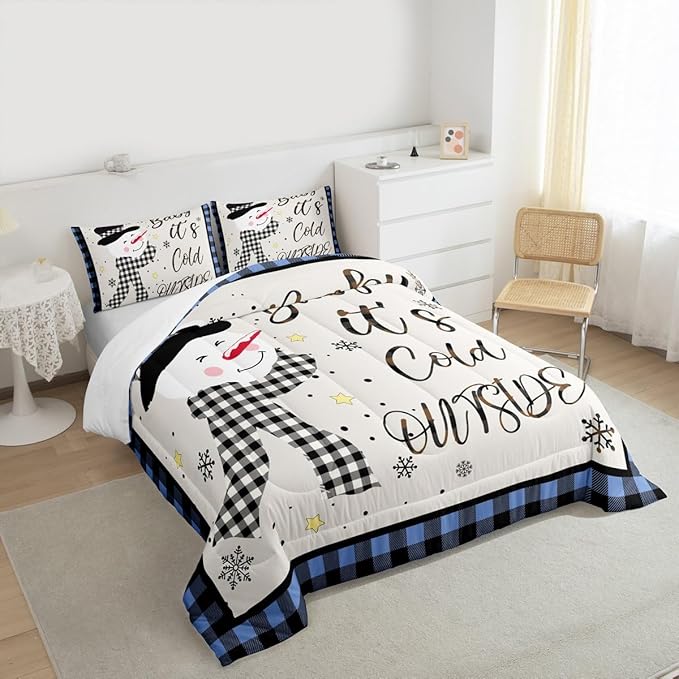 Christmas Snowman Kids Comforter Set King Size,Snowflake Christmas Holiday Bedding Set,Girls Boys Adults Xmas Decor,Geometric Grids Lattices Down Comforter,Blue Rustic Duvet Insert,2 Pillowcases