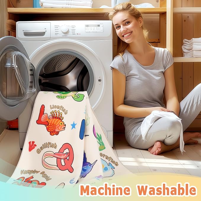 Kids Rugs for Playroom, 5x7 Feet Educational Rug for Learn The ABC Alphabet, Soft Machine Washable Non-Slip Cute Marine Organisms Carpet for Classroom Toddler Nursery Kids Room Decor, Beige