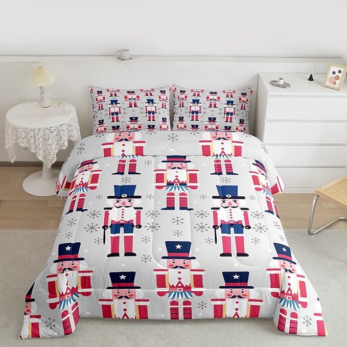 Feelyou Cute Nutcracker Comforter Set Queen Size Christmas Ornaments Bedding Set for Kids Boys Girls Xmas Snowflake Duvet Quilt Soldier Bedroom Decor Kawaii Microfiber 3 Pcs with 2 Pillow Cases
