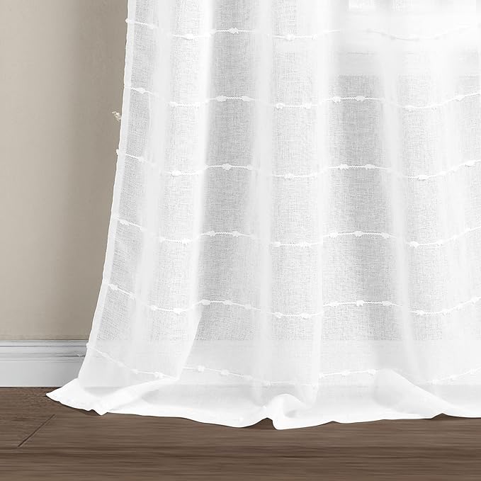 Lush Decor Farmhouse Textured Grommet Sheer Window Curtain Panel Pair, 38"W x 84"L, Bleach White