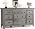 Grey 9 Drawer Dresser, 57" Large Dresser for Bedroom, TV Stand for 70 inch TV, Wood Chest of Drawers with Metal Handle, Rustic Storage Dressers Organizer for Bedroom, Hallway