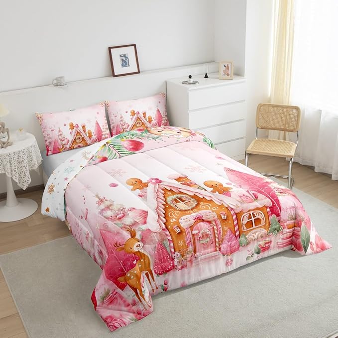 jejeloiu Kids Christmas Theme Comforter Set Twin Size Cute Deer Gingerbread Man Bedding Set for Boys Girls Teens Pink Xmas Tree Candy House Winter Snowflake Duvet Quilt Room Decor