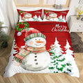 Merry Christmas Duvet Cover Set Full Size, Cute Snowman and Xmas Tree Print Comforter Cover with 2 Pillowcases, Red Wooden Stripe Print Bedding Set 3pcs for Kids Girls Bedroom Decor,No Comforter