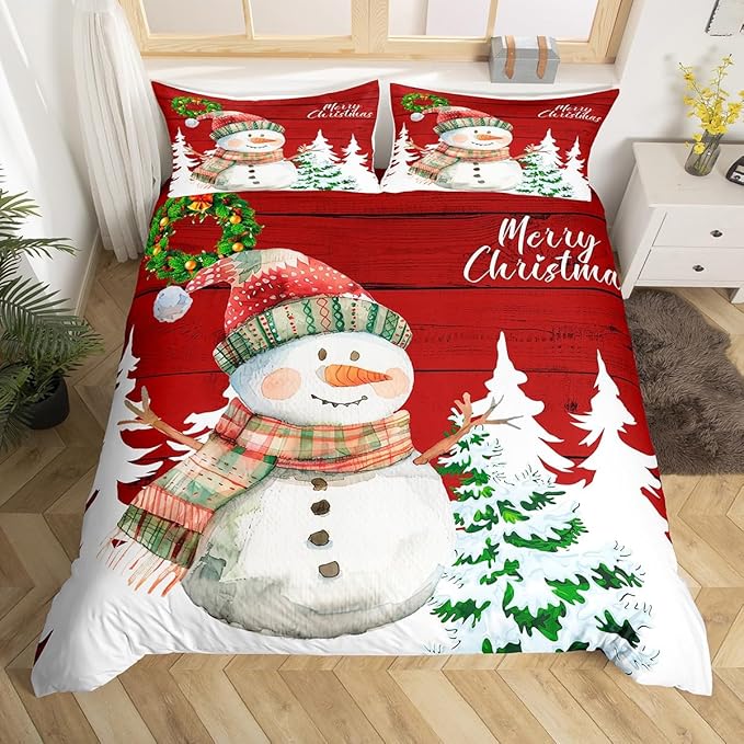Merry Christmas Duvet Cover Set King Size, Cute Snowman and Xmas Tree Print Comforter Cover with 2 Pillowcases, Red Wooden Stripe Print Bedding Set 3pcs for Kids Girls Bedroom Decor,No Comforter