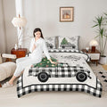 Christmas Truck Kids Comforter Set Queen Size,Snowflake Pines Trees Rustic Bedding,Girls Boys Adults Bedroom/Xmas Cabin Decor,Geometric Grids Lattice Down Comforter,Retro Duvet Insert,2 Pillowcases