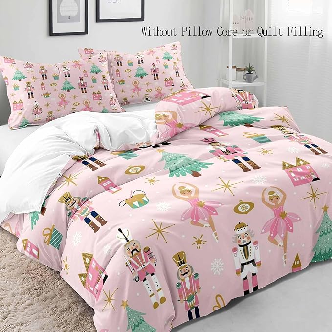 LUVIVIHOME 3PCS Christmas Nutcracker Duvet Cover King Bedding Set, Light Pink Duvet Cover, Teen Girl Bedding, Christmas Tree Snowflake Winter Holiday Xmas Gifts Kids Comforter Cover, 2 Pillow Shams