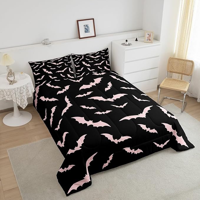 Erosebridal Bat Comforter Set Halloween Pink Bats Bedding Set with 1 Pillow Case Silhouette Gothic Quilt Twin Size for Kids Boys Youth Gothic Spooky Bedding Comforter Sets,Black