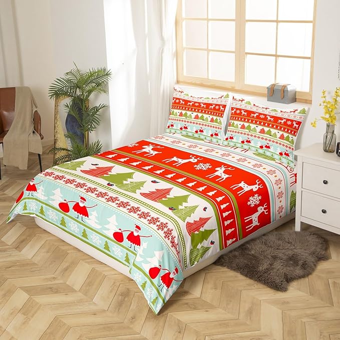 Manfei Xmas Duvet Cover Set King Size, Deer Snowflake Trees Santa Claus Comforter Cover with 2 Pillowcases, Christmas Theme Bedding Set 3pcs for Kids Boy Girls New Year Bedspread Cover,No Comforter