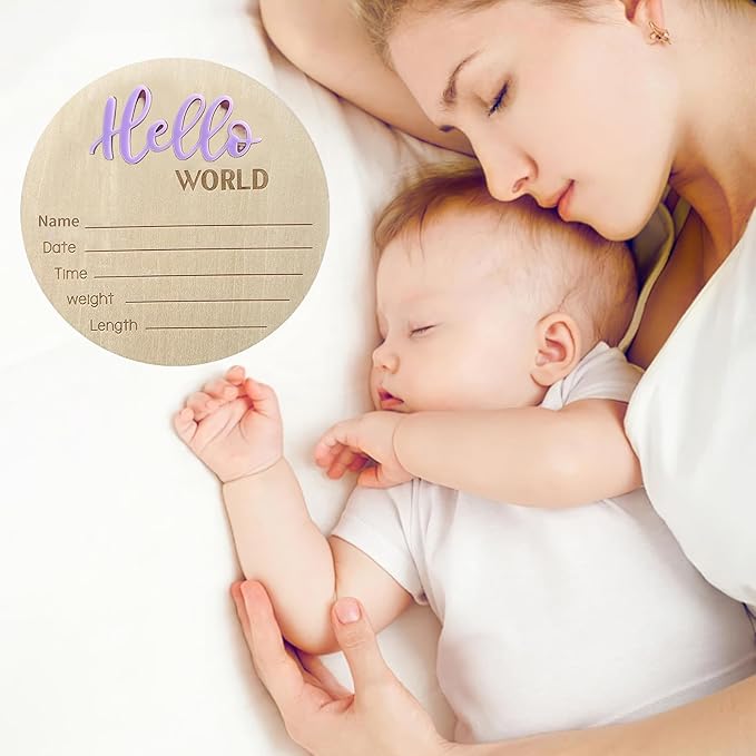 Baby Announcement Sign, 5.9 Inch Wooden Hello World Newborn Signs, Birth Announcement Sign, Baby Shower Hospital Nursery for Newborn Boys and Girls (Purple,Pen)