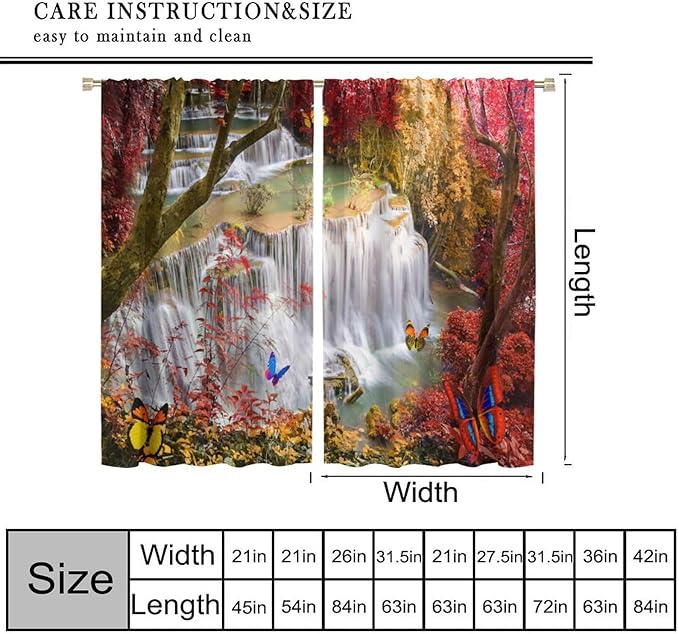 Landscape Blackout Curtains, Nature Forest Waterfall Butterfly Scenery Pattern Rod Pocket Window Drapes, for Bedroom Living Room 84" W X 84" L