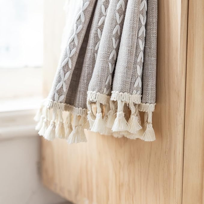 Deeprove Boho Curtain 63 Inches Length for Bedroom Living Room, Cotton Linen Weighted Taupe Stripes Embroidery, Semi Blackout Bohemian Retro Window Treatment Drape Tassels 1 Panel W52 x L63 Natural