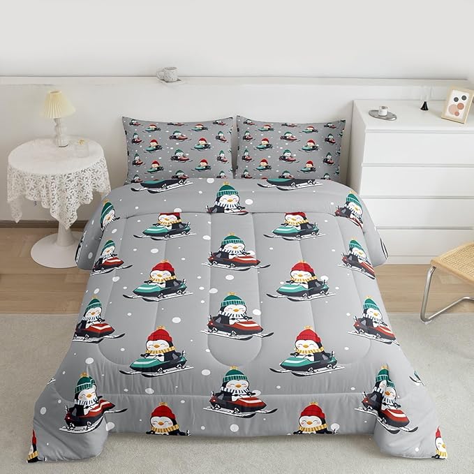 Feelyou Christmas Comforter Set All Season Gray Penguin Bedding Set with 2 Pillow Cases Cartoon Penguin Skiing Microfiber Kids Full Bedclothes Snowflake Bedroom Decor Duvet Quilt Breathable Soft