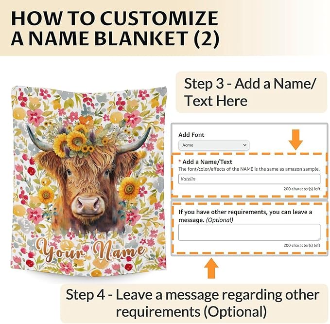 Custom Highland Cow Blanket Gifts with Name - 60x50 Inches Vintage Throw Blanket for Women, Girls - Colorful Soft Fuzzy Blankets for Bed Couch - Gift for Mom Daughter Grandma