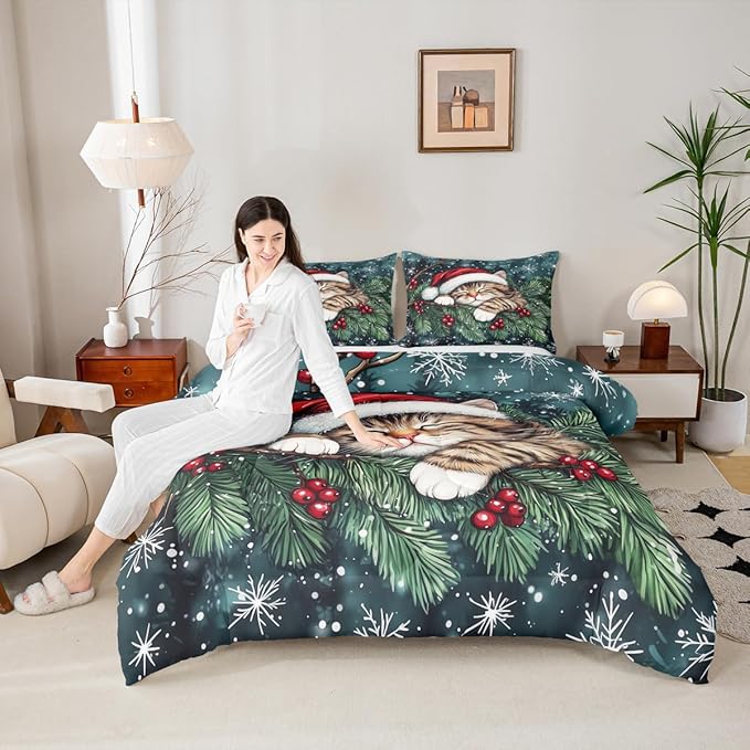 Cute Cat Kids Bedding Set Queen Size,Winter Holly Berries Snowflake Comforter Set,Animal Merry Christmas Poinsettia Quilt Comforter,Dark Green Bedroom Duvet Insert,2 Pillowcases