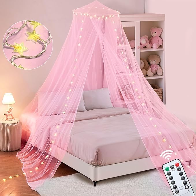 Lovelite Bed Canopy for Girls, Pink Canopy Bed Curtain with Warm White Star String Lights Remote Control, Dome Princess Canopy for Girls Room Twin Full Queen King Bed Decor